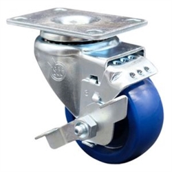 Service Caster #20 Series swivel casters with 3-1/2 inch solid blue polyurethane wheel and brake.
