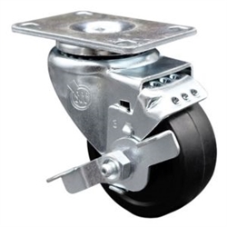 Service Caster #20 Series swivel casters with 3-1/2 inch soft rubber wheel and brake.