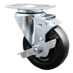 Service Caster #20 Series swivel casters with 4 inch hard rubber wheel and brake. Heat treated ball bearing raceway and bright zinc plated finish.