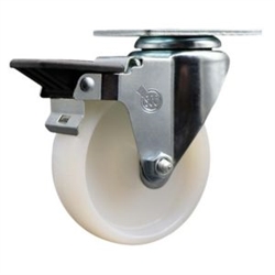 Service Caster #20 Series swivel casters with 4 inch nylon wheel featuring posi lock brake and zinc plated finish.
