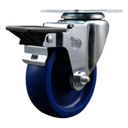 Service Caster #20 Series swivel casters with 4 inch solid blue polyurethane wheel and posi lock brake.