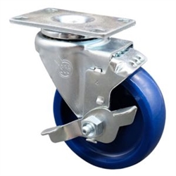 Service Caster #20 Series swivel casters with 4 inch solid blue polyurethane wheel and brake.
