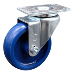 Service Caster #20 Series swivel casters with 4 inch solid blue polyurethane wheel.