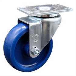 Service Caster #20 Series swivel casters with 4 inch solid blue polyurethane wheel.