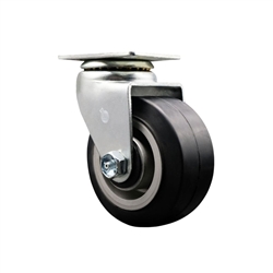 Swivel caster with durable 4 inch diameter by 2 inch wide moldon rubber tread on aluminum core wheel