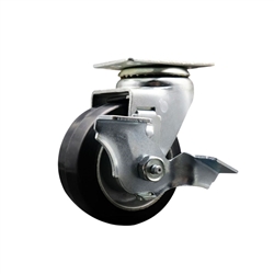 Swivel caster with durable 4 inch diameter by 2 inch wide moldon rubber tread on aluminum core wheel and top lock brake