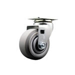 Swivel caster with durable 4 inch diameter by 2 inch wide thermoplastic rubber flat face tread on polyolefin core wheel