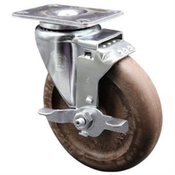 Service Caster #20 Series high temperature swivel casters with 5 inch glass filled nylon wheel and brake.
