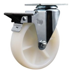Service Caster #20 Series swivel casters with 5 inch nylon wheel featuring posi lock brake and zinc plated finish.