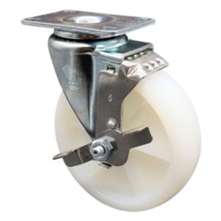 Service Caster #20 Series swivel casters with 5 inch nylon wheel and brake.