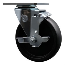 Service Caster #20 Series swivel casters with 5 inch polyolefin wheel and brake feature a bright zinc plated finish.