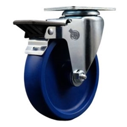 Service Caster #20 Series swivel casters with 5 inch solid blue polyurethane wheel and posi lock brake.