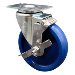Service Caster #20 Series swivel casters with 5 inch solid blue polyurethane wheel and brake.