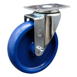 Service Caster #20 Series swivel casters with 5 inch solid blue polyurethane wheel.