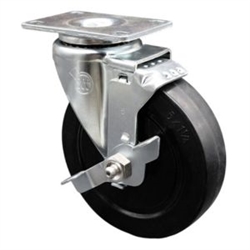 Service Caster #20 Series swivel casters with 5 inch soft rubber wheel and brake.
