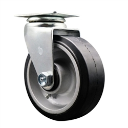 Swivel caster with durable 5 inch diameter by 2 inch wide moldon rubber tread on aluminum core wheel