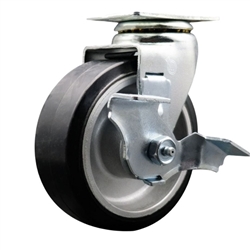 Swivel caster with durable 5 inch diameter by 2 inch wide moldon rubber tread on aluminum core wheel and top lock brake
