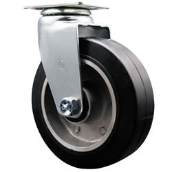 Swivel caster with durable 6 inch diameter by 2 inch wide moldon rubber tread on aluminum core wheel