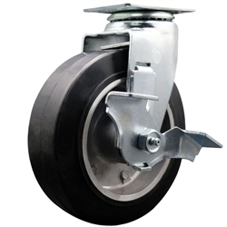 Swivel caster with durable 6 inch diameter by 2 inch wide moldon rubber tread on aluminum core wheel and top lock brake
