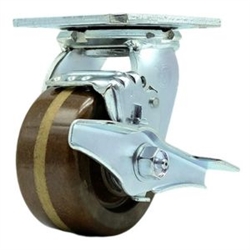 Service Caster Series #30 swivel caster fitted with durable 4 inch diameter by 2 inch wide high temperature phenolic wheel and brake.