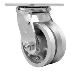 Service Caster Series #30 swivel caster fitted with durable 4 inch diameter by 2 inch wide v-groove semi steel (cast) wheel.