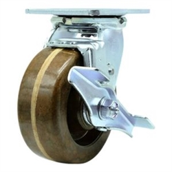 Service Caster Series #30 swivel caster fitted with durable 5 inch diameter by 2 inch wide high temperature phenolic wheel and brake.