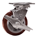 5 Inch Swivel Caster with Polyurethane Tread on Poly Core Wheel, Ball Bearings and Brake