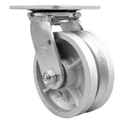 Service Caster Series #30 swivel caster fitted with durable 5 inch diameter by 2 inch wide v-groove semi steel (cast) wheel.