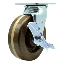 Service Caster Series #30 swivel caster fitted with durable 6 inch diameter by 2 inch wide high temperature phenolic wheel and brake.