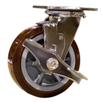 6 Inch Swivel Caster with Polyurethane Tread on Poly Core Wheel, Ball Bearings and Brake