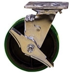 6 Inch Swivel Caster with Green Polyurethane Tread Wheel, Ball Bearings and Brake