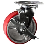6 Inch Swivel Caster with Polyurethane Tread Wheel, Ball Bearings and Brake