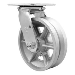Service Caster Series #30 swivel caster fitted with durable 6 inch diameter by 2 inch wide v-groove semi steel (cast) wheel.