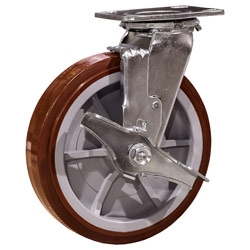 8 Inch Swivel Caster with Polyurethane Tread on Poly Core Wheel, Ball Bearings and Brake