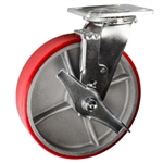 8 Inch Swivel Caster with Polyurethane Tread Wheel, Ball Bearings and Brake