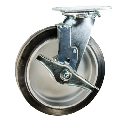 8 Inch Swivel Caster with Rubber Tread on Aluminum Core Wheel, Ball Bearings, and Brake