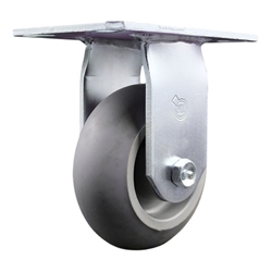 Service Caster Series #35 rigid caster fitted with 5 inch diameter by 2 inch wide non-marking thermoplastic rubber tread (donut face) on polyolefin core wheel.