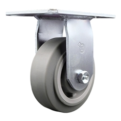 Service Caster Series #35 rigid caster fitted with 5 inch diameter by 2 inch wide non-marking thermoplastic rubber tread (flat face) on polyolefin core wheel.