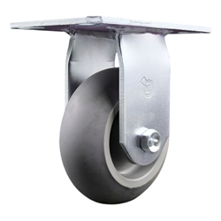 Service Caster Series #35 rigid caster fitted with 5 inch diameter by 2 inch wide non-marking thermoplastic rubber tread (donut face) on polyolefin core wheel.