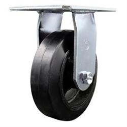 Service Caster Series #35 rigid caster fitted with 6 inch diameter by 2 inch wide moldon rubber tread on metal core wheel.