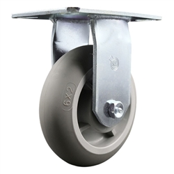 Service Caster Series #35 rigid caster fitted with 6 inch diameter by 2 inch wide non-marking thermoplastic rubber tread (donut face) on polyolefin core wheel.