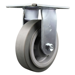 Service Caster Series #35 rigid caster fitted with 6 inch diameter by 2 inch wide non-marking thermoplastic rubber tread (flat face) on polyolefin core wheel.