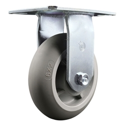 Service Caster Series #35 rigid caster fitted with 6 inch diameter by 2 inch wide non-marking thermoplastic rubber tread (donut face) on polyolefin core wheel.