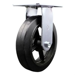Service Caster Series #35 rigid caster fitted with 8 inch diameter by 2 inch wide moldon rubber tread on metal core wheel.