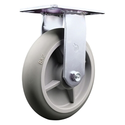 Service Caster Series #35 rigid caster fitted with 8 inch diameter by 2 inch wide non-marking thermoplastic rubber tread (donut face) on polyolefin core wheel.