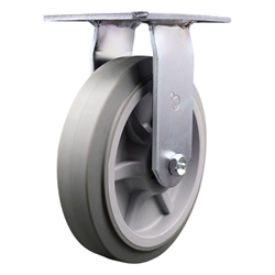 Service Caster Series #35 rigid caster fitted with 8 inch diameter by 2 inch wide non-marking thermoplastic rubber tread (flat face) on polyolefin core wheel.