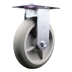 Service Caster Series #35 rigid caster fitted with 8 inch diameter by 2 inch wide non-marking thermoplastic rubber tread (donut face) on polyolefin core wheel.