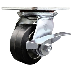 Service Caster Series #35 swivel caster fitted with 4 inch diameter by 2 inch wide moldon rubber tread on aluminum core wheel and brake. 




.
