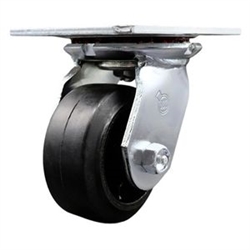 Service Caster Series #35 swivel caster fitted with 4 inch diameter by 2 inch wide moldon rubber tread on metal core wheel.