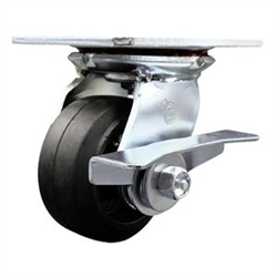 Service Caster Series #35 swivel caster fitted with 4 inch diameter by 2 inch wide moldon rubber tread on metal core wheel and brake.